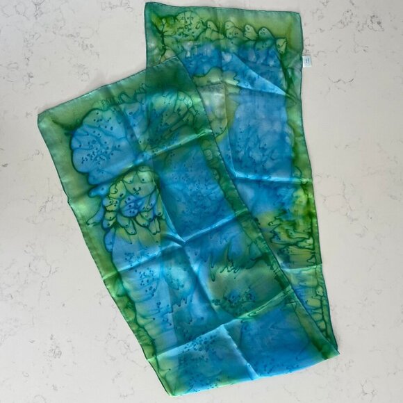 Luxurious Vintage Tie Dye 100% Silk Rectangle Scarf Vivid Blue Green Sz OS - Picture 8 of 8